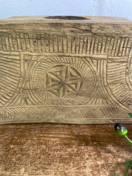 Vintage Rustic Large Hand Carved Indian Solid Wooden Candle Holder