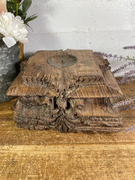 Vintage Reclaimed Hand Carved Indian Wooden Pillar Base Candle Holder Plinth