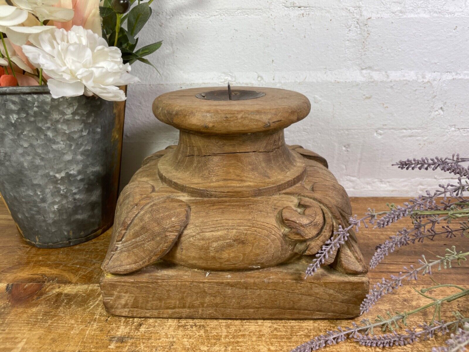 Vintage Reclaimed Hand Carved Indian Wooden Pillar Base Candle Holder Plinth