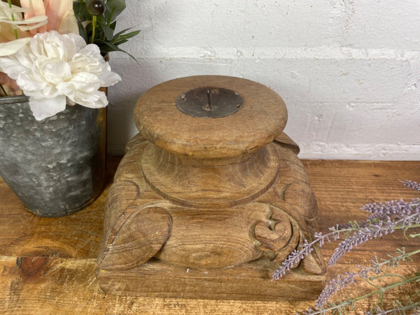 Vintage Reclaimed Hand Carved Indian Wooden Pillar Base Candle Holder Plinth