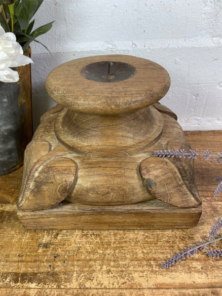 Vintage Reclaimed Hand Carved Indian Wooden Pillar Base Candle Holder Plinth