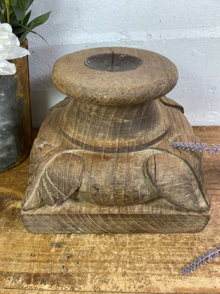 Vintage Reclaimed Hand Carved Indian Wooden Pillar Base Candle Holder Plinth