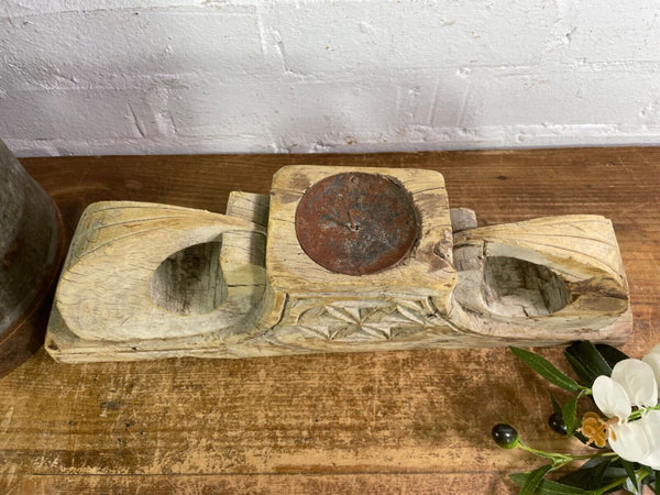 Vintage Rustic Large Hand Carved Indian Solid Wooden Candle Holder