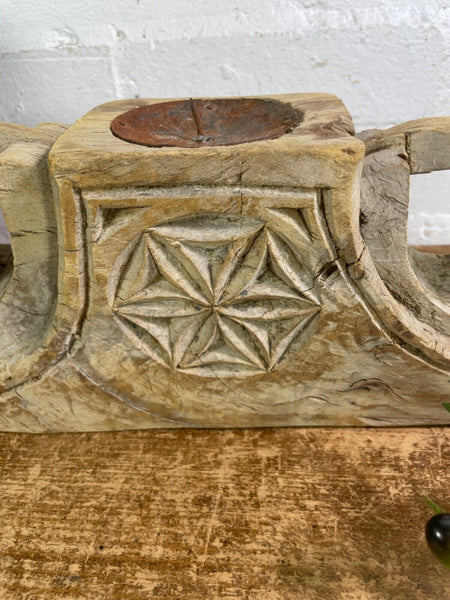 Vintage Rustic Large Hand Carved Indian Solid Wooden Candle Holder