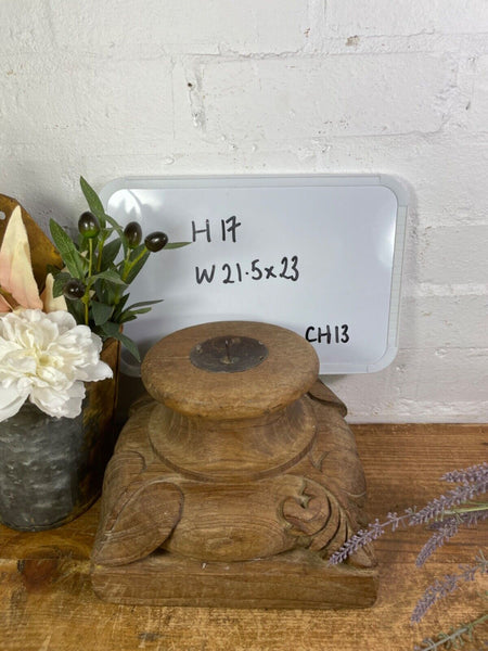Vintage Reclaimed Hand Carved Indian Wooden Pillar Base Candle Holder Plinth