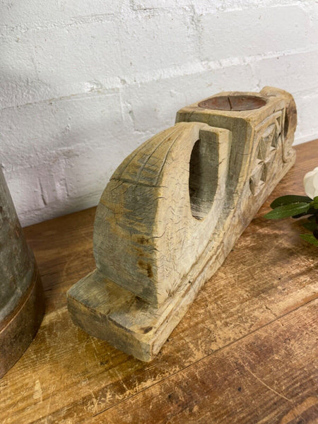 Vintage Rustic Large Hand Carved Indian Solid Wooden Candle Holder