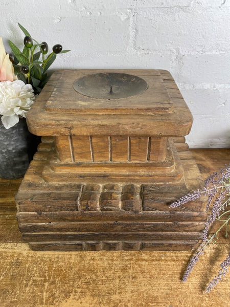 Vintage Reclaimed Hand Carved Indian Wooden Pillar Base Candle Holder Plinth