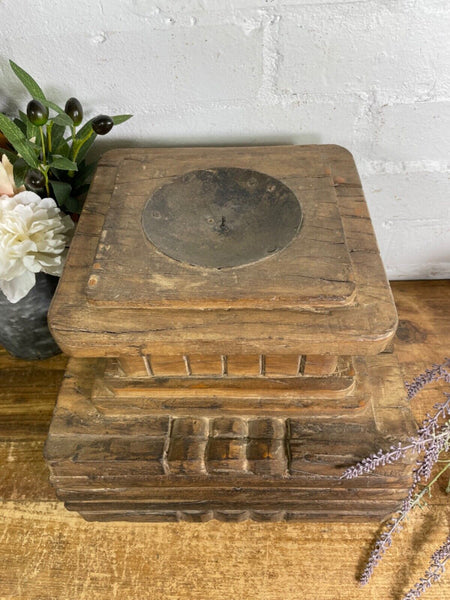 Vintage Reclaimed Hand Carved Indian Wooden Pillar Base Candle Holder Plinth