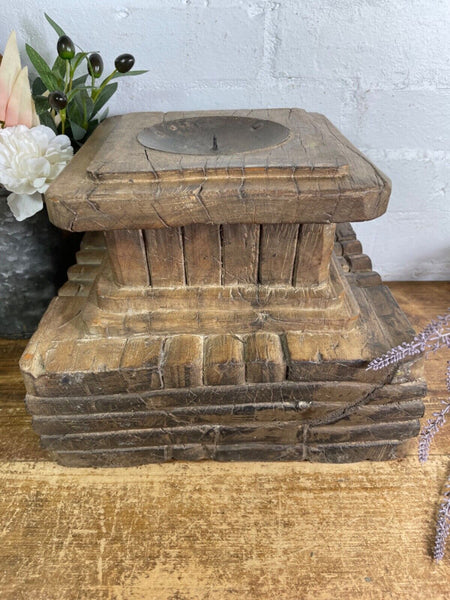 Vintage Reclaimed Hand Carved Indian Wooden Pillar Base Candle Holder Plinth