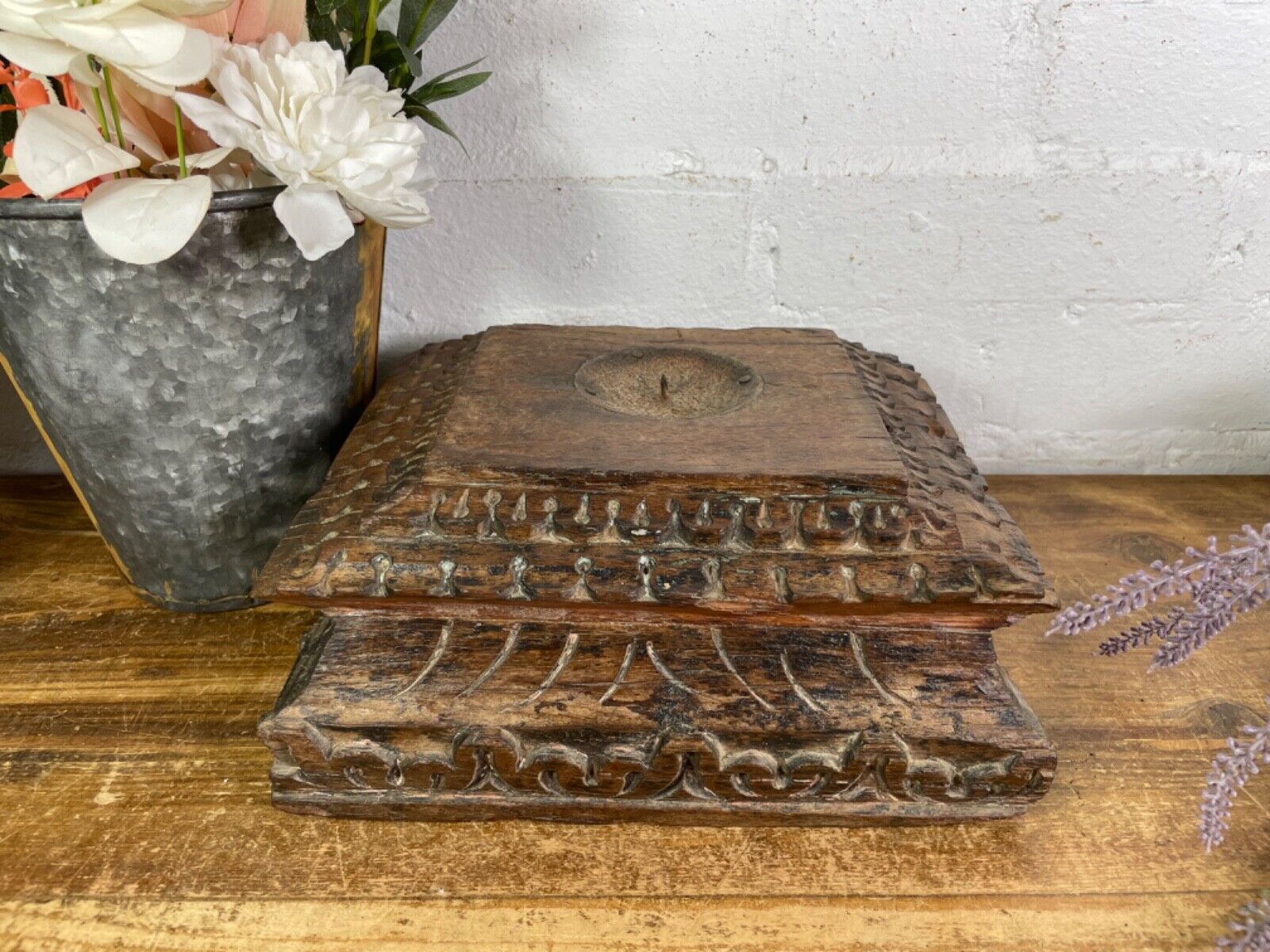 Vintage Reclaimed Hand Carved Indian Wooden Pillar Base Candle Holder Plinth