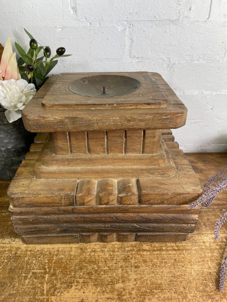 Vintage Reclaimed Hand Carved Indian Wooden Pillar Base Candle Holder Plinth
