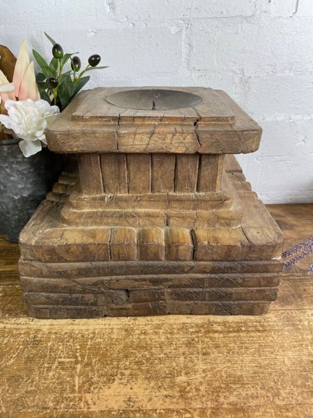 Vintage Reclaimed Hand Carved Indian Wooden Pillar Base Candle Holder Plinth