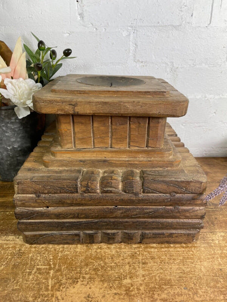 Vintage Reclaimed Hand Carved Indian Wooden Pillar Base Candle Holder Plinth