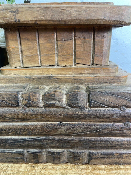 Vintage Reclaimed Hand Carved Indian Wooden Pillar Base Candle Holder Plinth