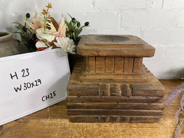 Vintage Reclaimed Hand Carved Indian Wooden Pillar Base Candle Holder Plinth