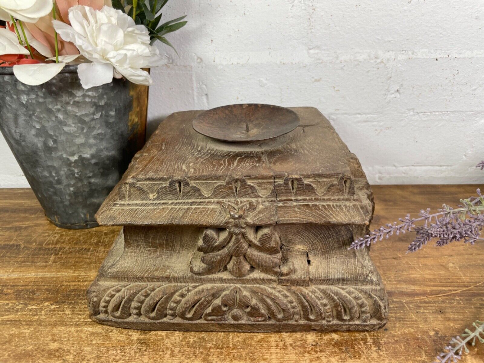Vintage Reclaimed Hand Carved Indian Wooden Pillar Base Candle Holder Plinth