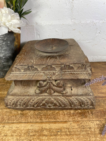 Vintage Reclaimed Hand Carved Indian Wooden Pillar Base Candle Holder Plinth