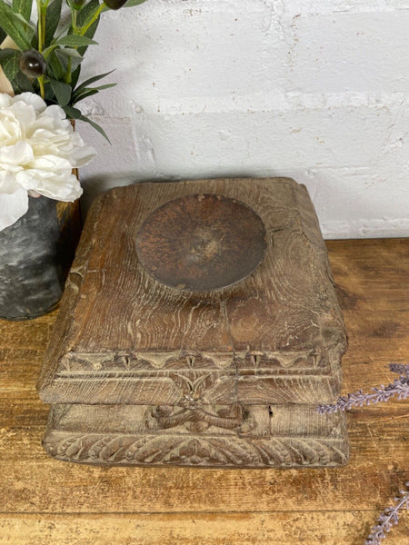 Vintage Reclaimed Hand Carved Indian Wooden Pillar Base Candle Holder Plinth