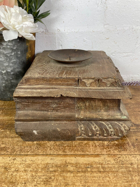 Vintage Reclaimed Hand Carved Indian Wooden Pillar Base Candle Holder Plinth