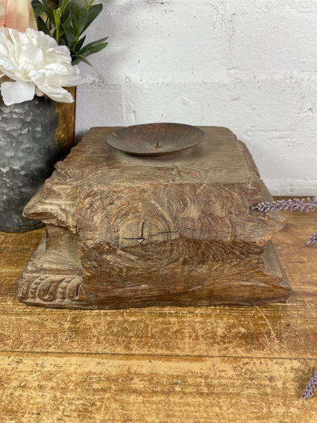 Vintage Reclaimed Hand Carved Indian Wooden Pillar Base Candle Holder Plinth
