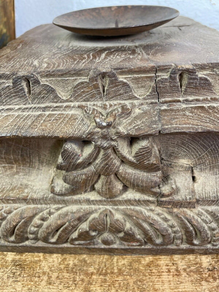 Vintage Reclaimed Hand Carved Indian Wooden Pillar Base Candle Holder Plinth