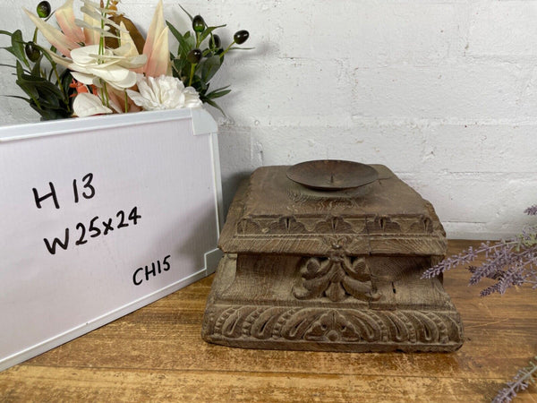 Vintage Reclaimed Hand Carved Indian Wooden Pillar Base Candle Holder Plinth