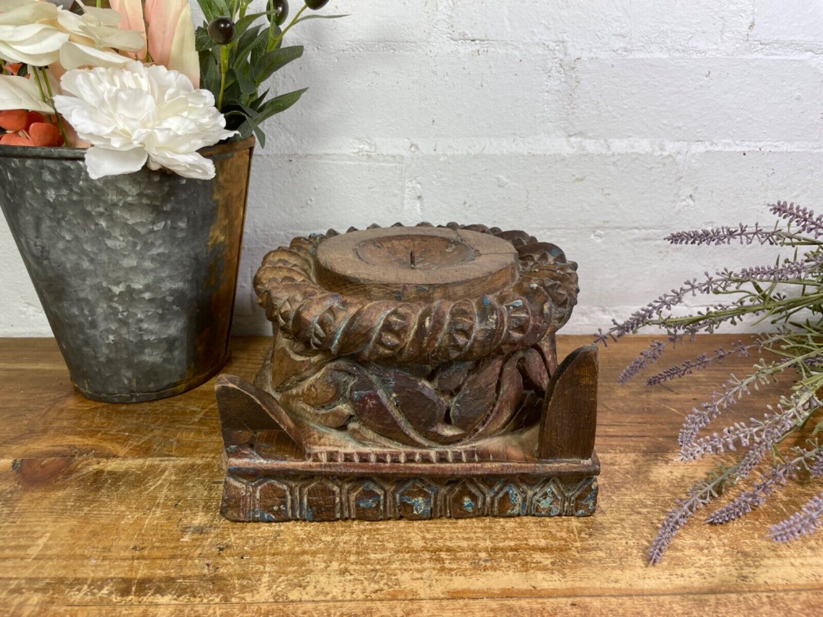 Vintage Reclaimed Hand Carved Indian Wooden Pillar Base Candle Holder Plinth