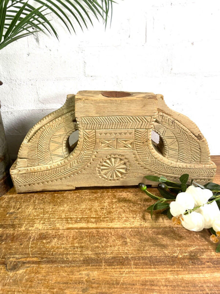 Vintage Rustic Large Hand Carved Indian Solid Wooden Candle Holder