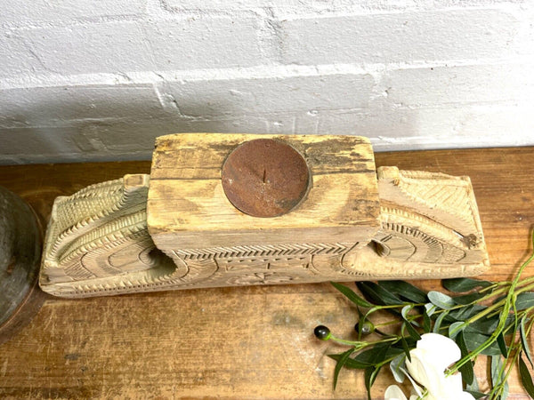 Vintage Rustic Large Hand Carved Indian Solid Wooden Candle Holder