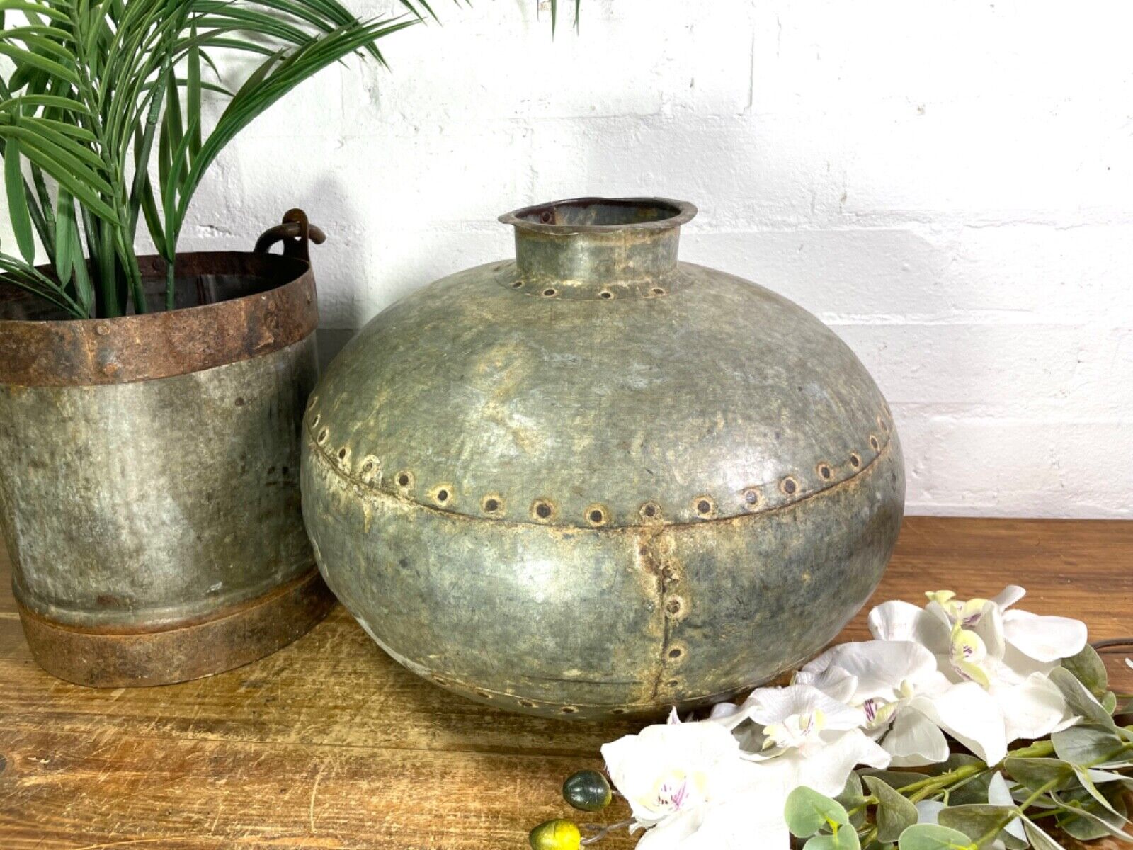 Vintage Rustic Authentic Indian Hand Beaten Riveted Water Pot Vase Bowl Vessel