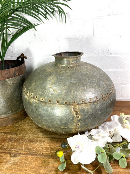 Vintage Rustic Authentic Indian Hand Beaten Riveted Water Pot Vase Bowl Vessel