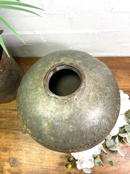 Vintage Rustic Authentic Indian Hand Beaten Riveted Water Pot Vase Bowl Vessel