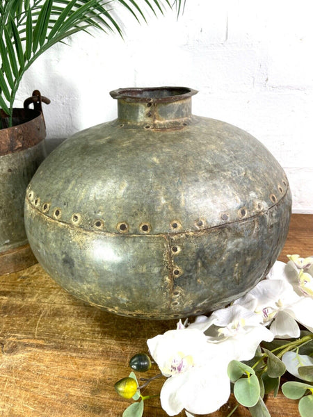 Vintage Rustic Authentic Indian Hand Beaten Riveted Water Pot Vase Bowl Vessel