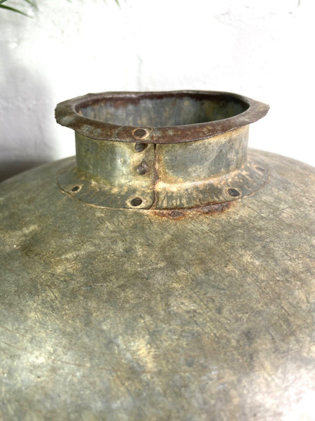 Vintage Rustic Authentic Indian Hand Beaten Riveted Water Pot Vase Bowl Vessel