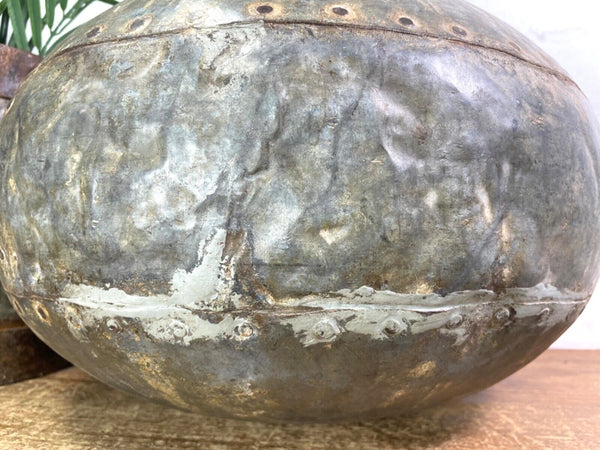 Vintage Rustic Authentic Indian Hand Beaten Riveted Water Pot Vase Bowl Vessel