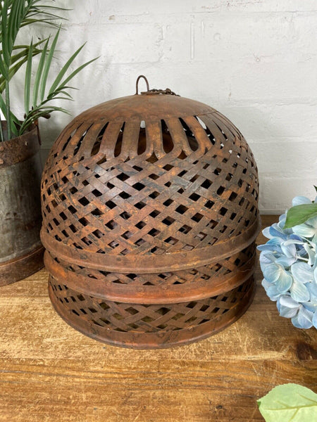 Large Vintage Reclaimed Industrial Metal Lattice Cage Ceiling Light Shade