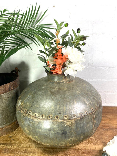Vintage Rustic Authentic Indian Hand Beaten Riveted Water Pot Vase Bowl Vessel