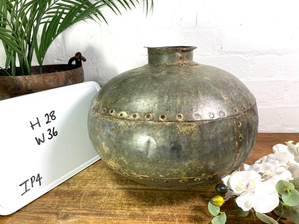 Vintage Rustic Authentic Indian Hand Beaten Riveted Water Pot Vase Bowl Vessel