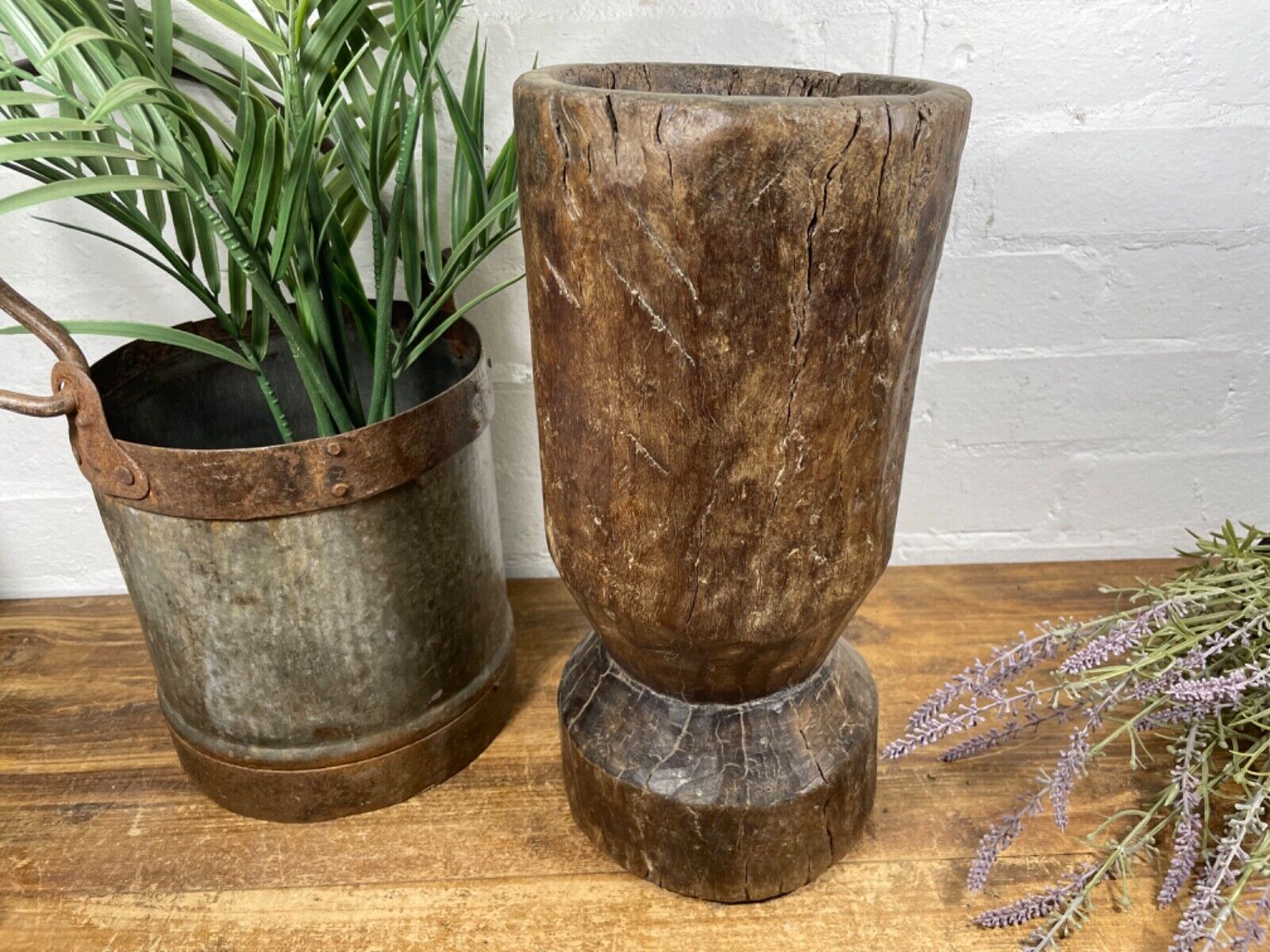 Vintage Antique Rustic Wabi Sabi Hand Carved Wooden Mortar Bowl Candle Holder