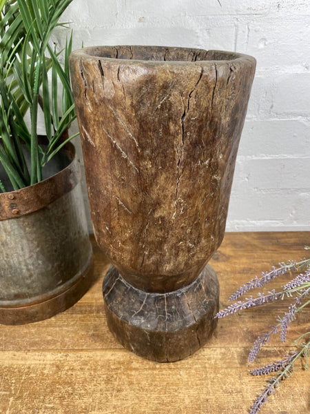 Vintage Antique Rustic Wabi Sabi Hand Carved Wooden Mortar Bowl Candle Holder