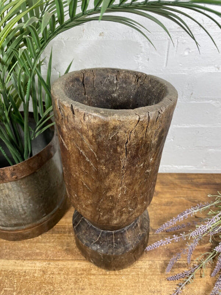 Vintage Antique Rustic Wabi Sabi Hand Carved Wooden Mortar Bowl Candle Holder