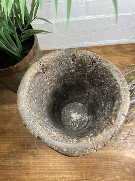 Vintage Antique Rustic Wabi Sabi Hand Carved Wooden Mortar Bowl Candle Holder