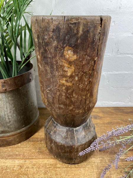 Vintage Antique Rustic Wabi Sabi Hand Carved Wooden Mortar Bowl Candle Holder