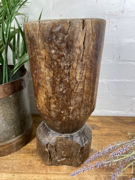 Vintage Antique Rustic Wabi Sabi Hand Carved Wooden Mortar Bowl Candle Holder