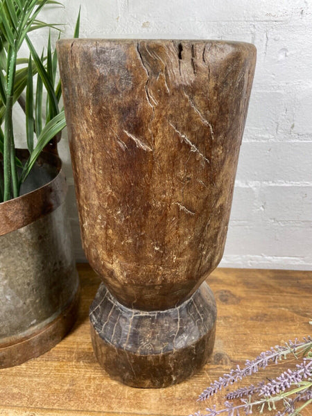 Vintage Antique Rustic Wabi Sabi Hand Carved Wooden Mortar Bowl Candle Holder