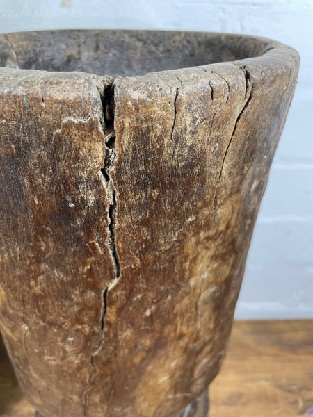 Vintage Antique Rustic Wabi Sabi Hand Carved Wooden Mortar Bowl Candle Holder
