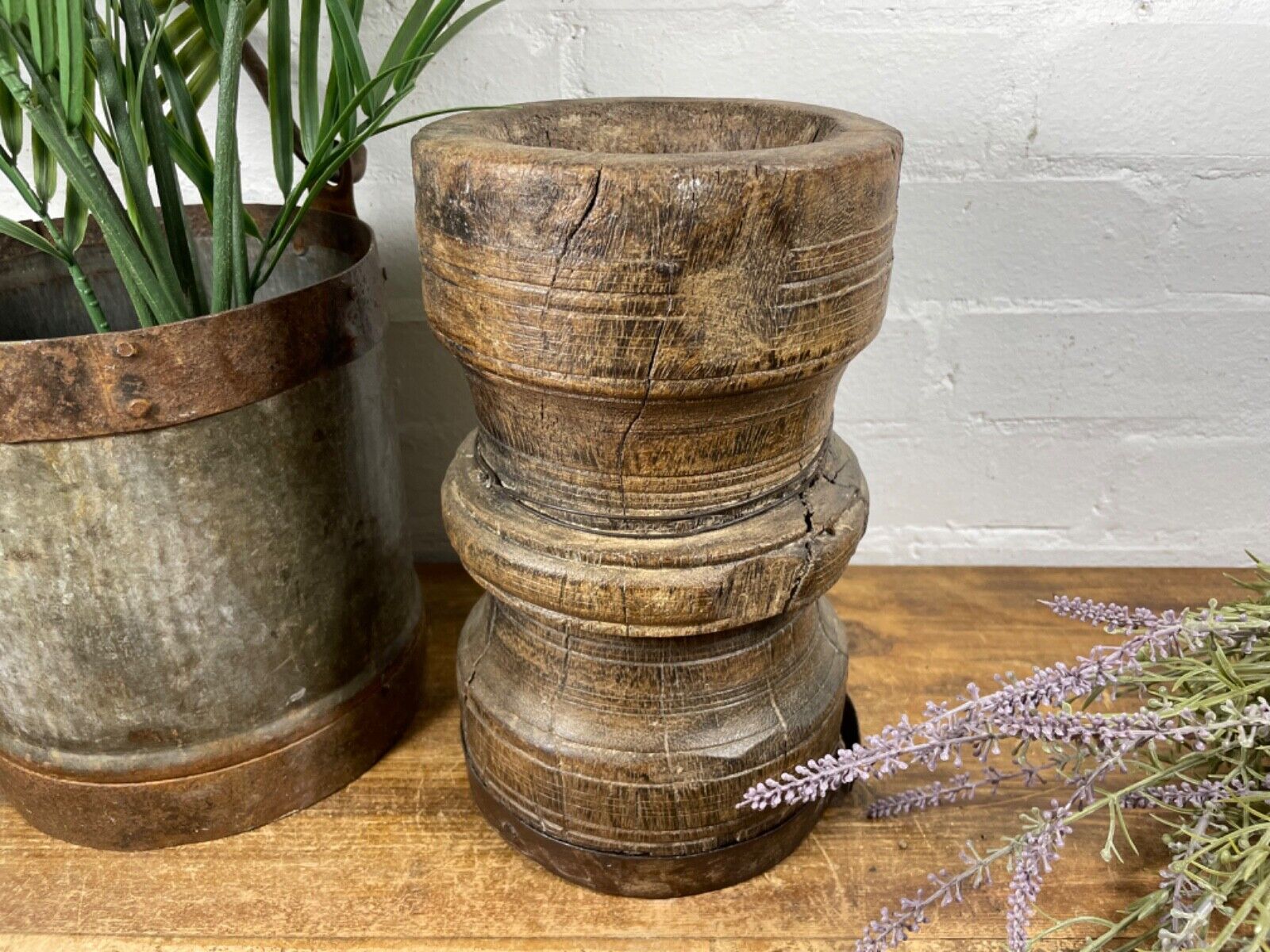 Vintage Antique Rustic Wabi Sabi Hand Carved Wooden Mortar Bowl Candle Holder