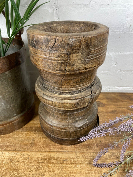 Vintage Antique Rustic Wabi Sabi Hand Carved Wooden Mortar Bowl Candle Holder