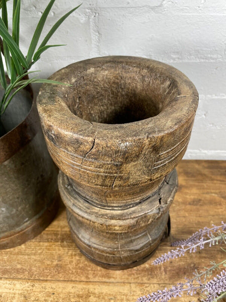 Vintage Antique Rustic Wabi Sabi Hand Carved Wooden Mortar Bowl Candle Holder