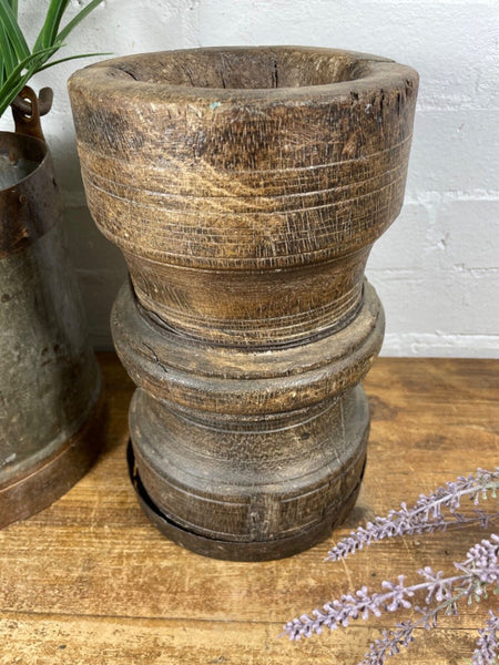 Vintage Antique Rustic Wabi Sabi Hand Carved Wooden Mortar Bowl Candle Holder
